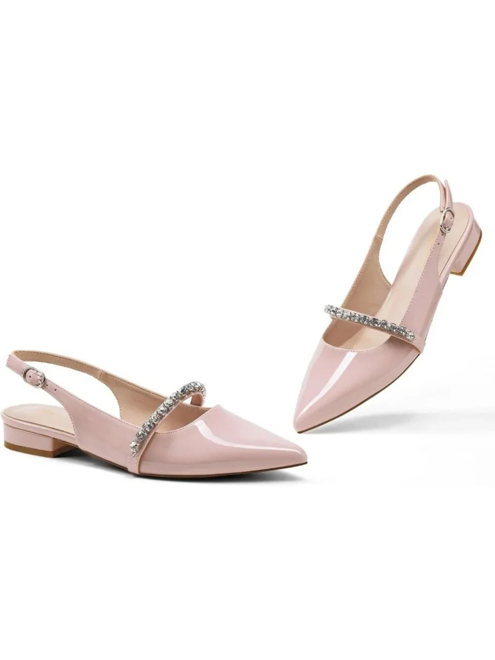 Women's Pink Leather Slingback Flats Rhinestone Closed Pointed Toe Dressy Shoes